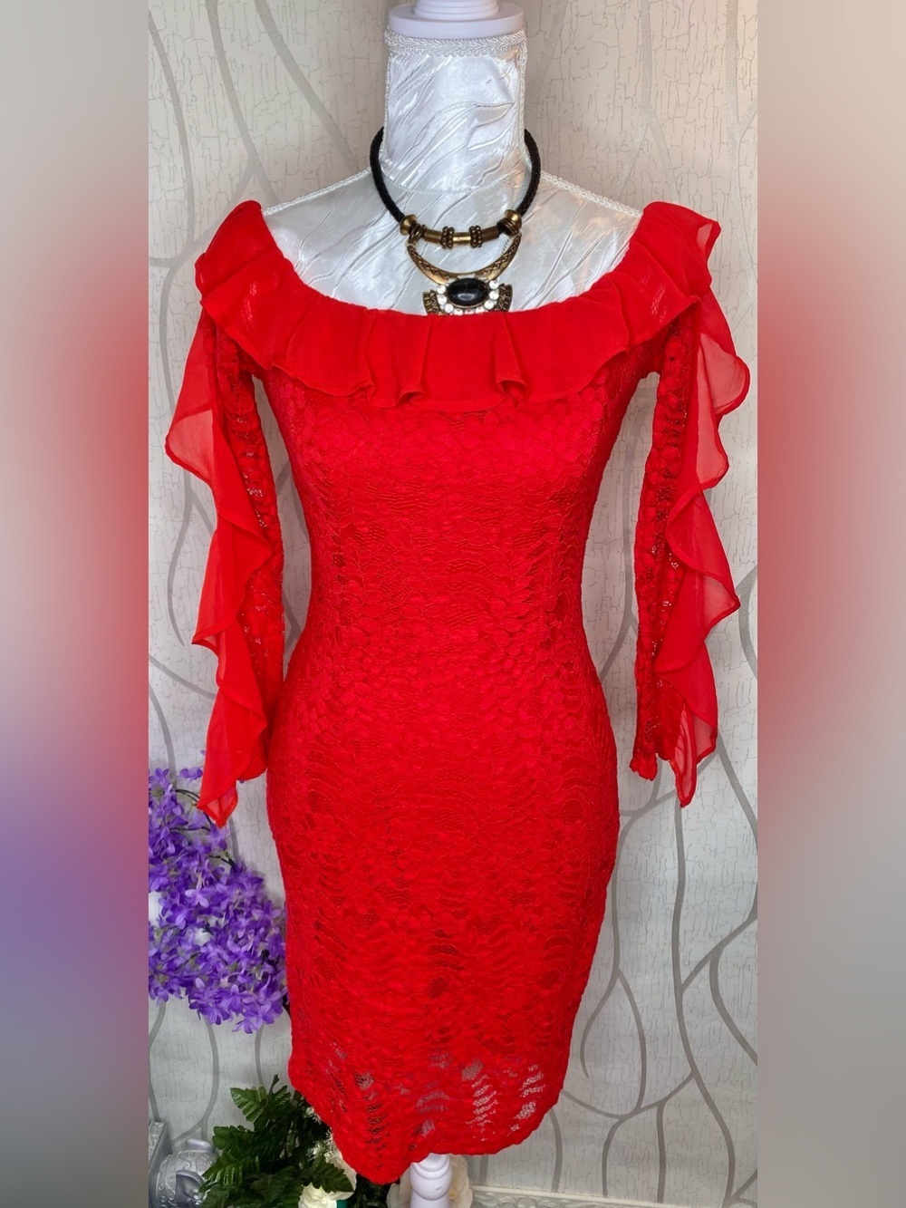 🌹Sexy Vibrant Red Lace Off Shoulder Dress with Chiffon Ruffle Trim 🌹 CBR - Picture 8 of 11